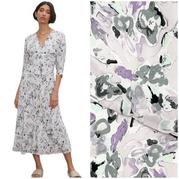 New! Club Monaco Drape Sleeve Midi Dress Abstract Floral Purple Gray Black | 6 - Picture 1 of 16